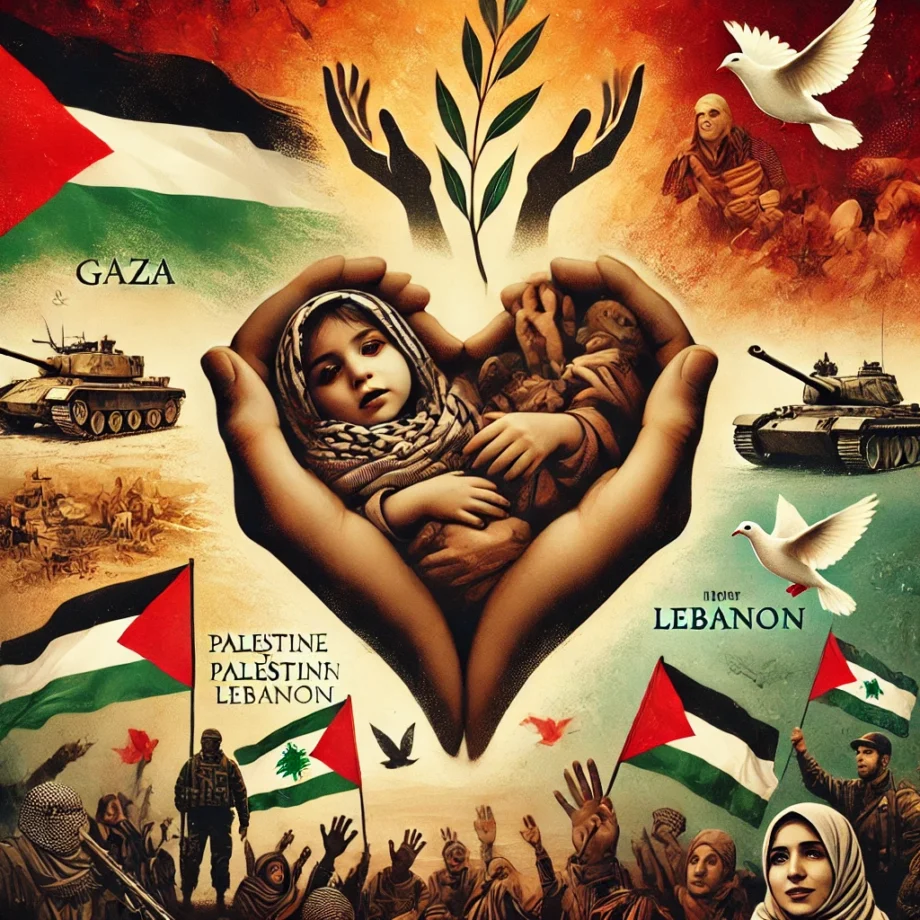 decorative image, Palestine and Lebanon strong together.